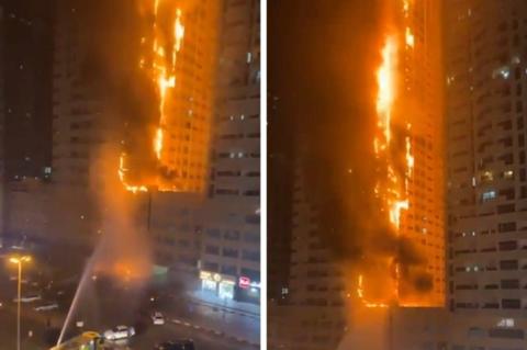 عاجل: اندلاع حريق ضخم في أحد أبراج عجمان